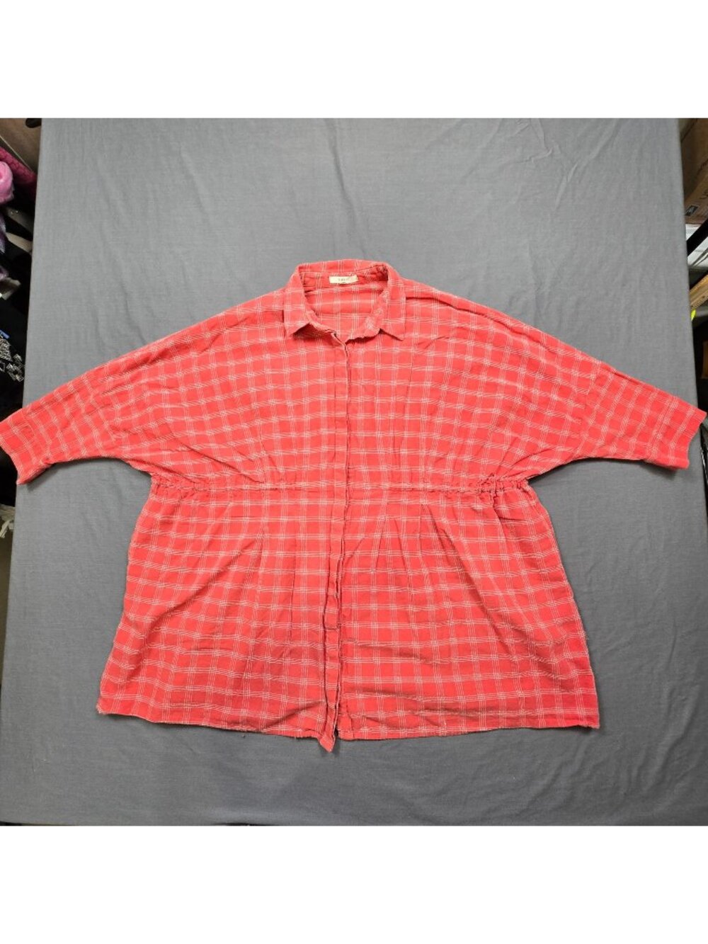 Easel S Womens Top Red Plaid Button Down Tunic Style Cotton Shirt